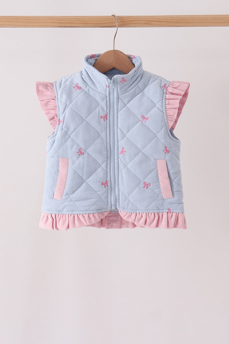 Blue Corduroy Bow Embroidery Ruffle Vest