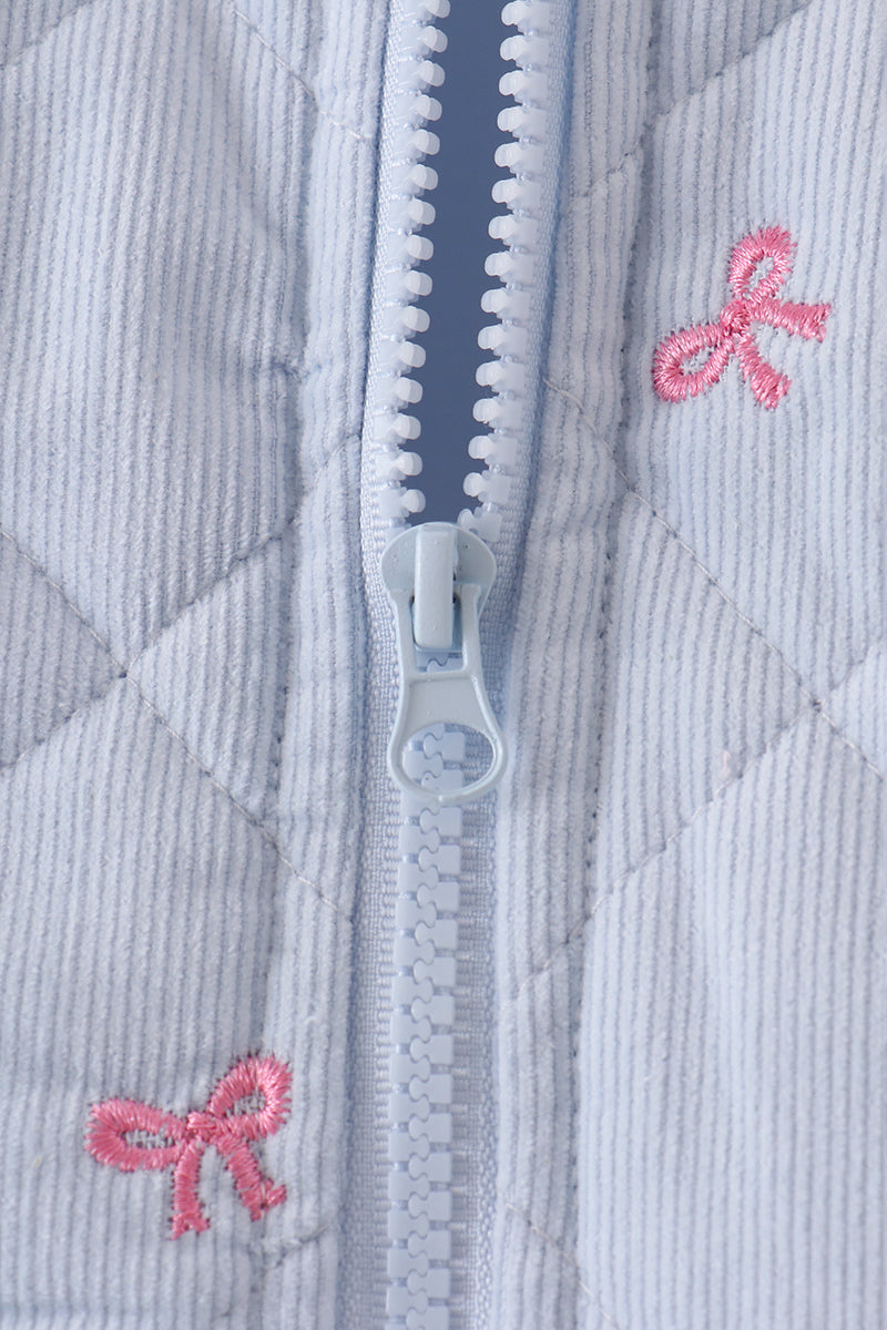 Blue Corduroy Bow Embroidery Ruffle Vest