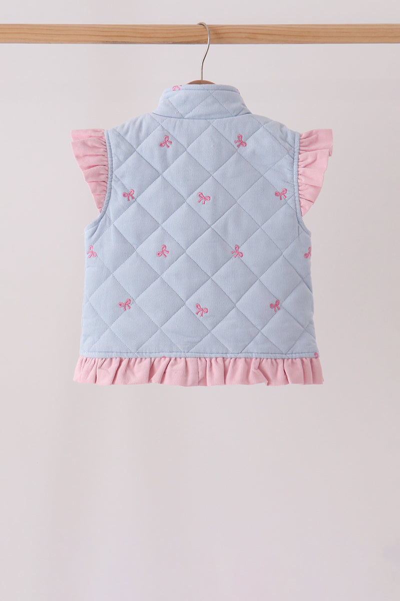Blue Corduroy Bow Embroidery Ruffle Vest