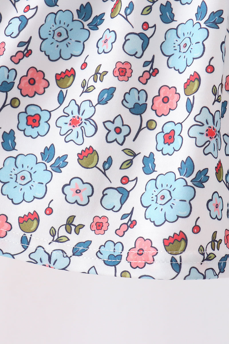 Blue Floral Smocked Ruffle Pants Set