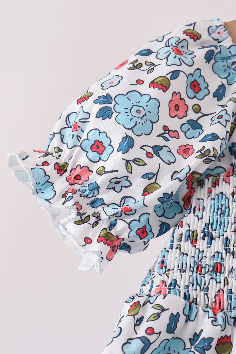 Blue Floral Smocked Ruffle Dress