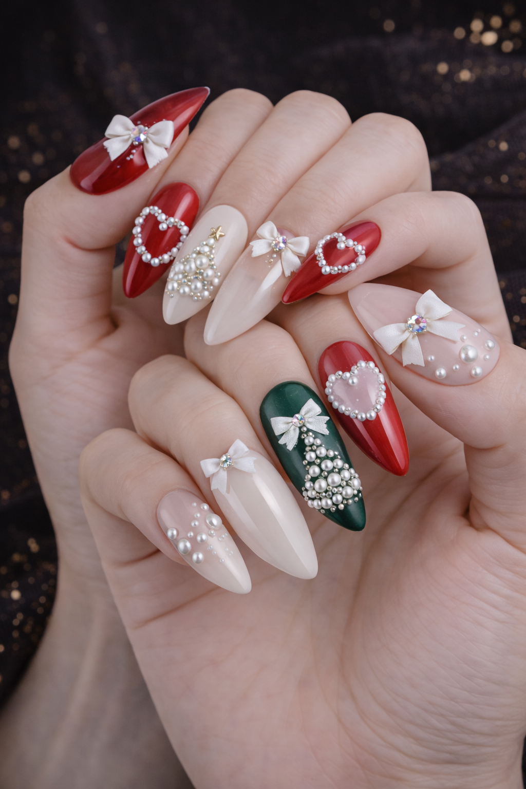 Bows, Pearls and Flower 3D Nail Art