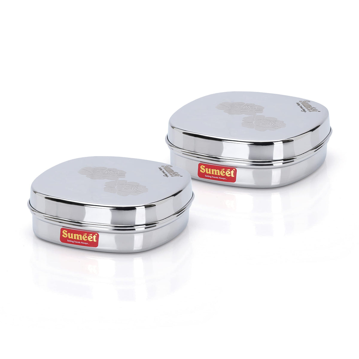 Sumeet Stainless Steel Designer Square Storage Containers, Kitchen Box, Set of 2 Pieces, 350 ml, 12 cm Diameter, Silver