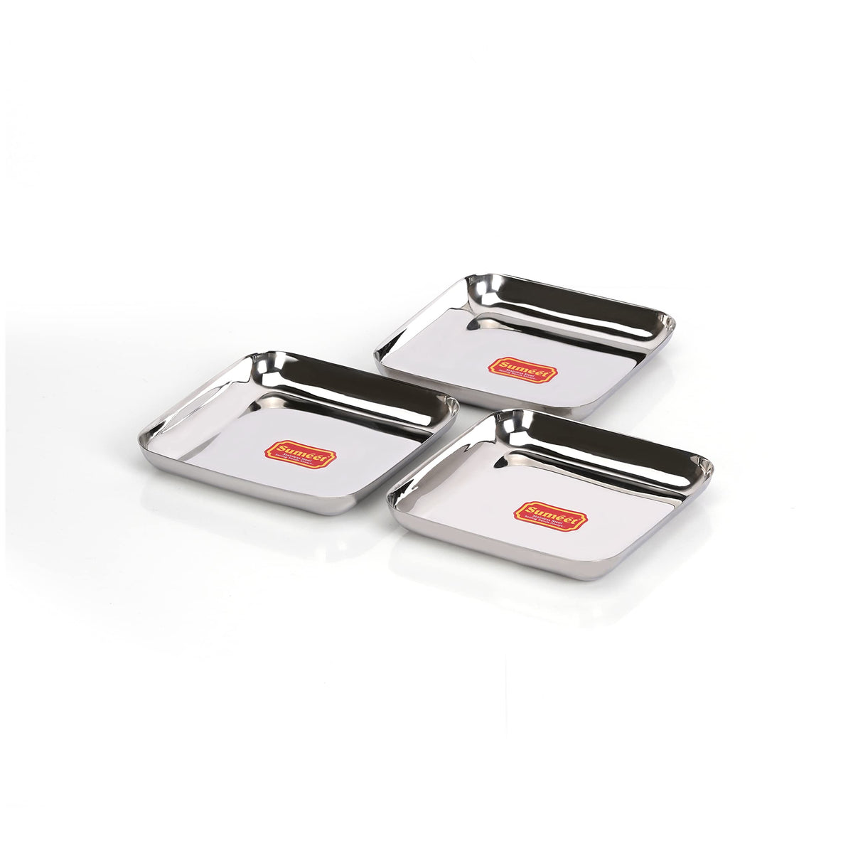 Sumeet Stainless Steel Medium Square Plate/Snack Plate/Breakfast Plate, Set of 3, 15 cm Diameter, Silver