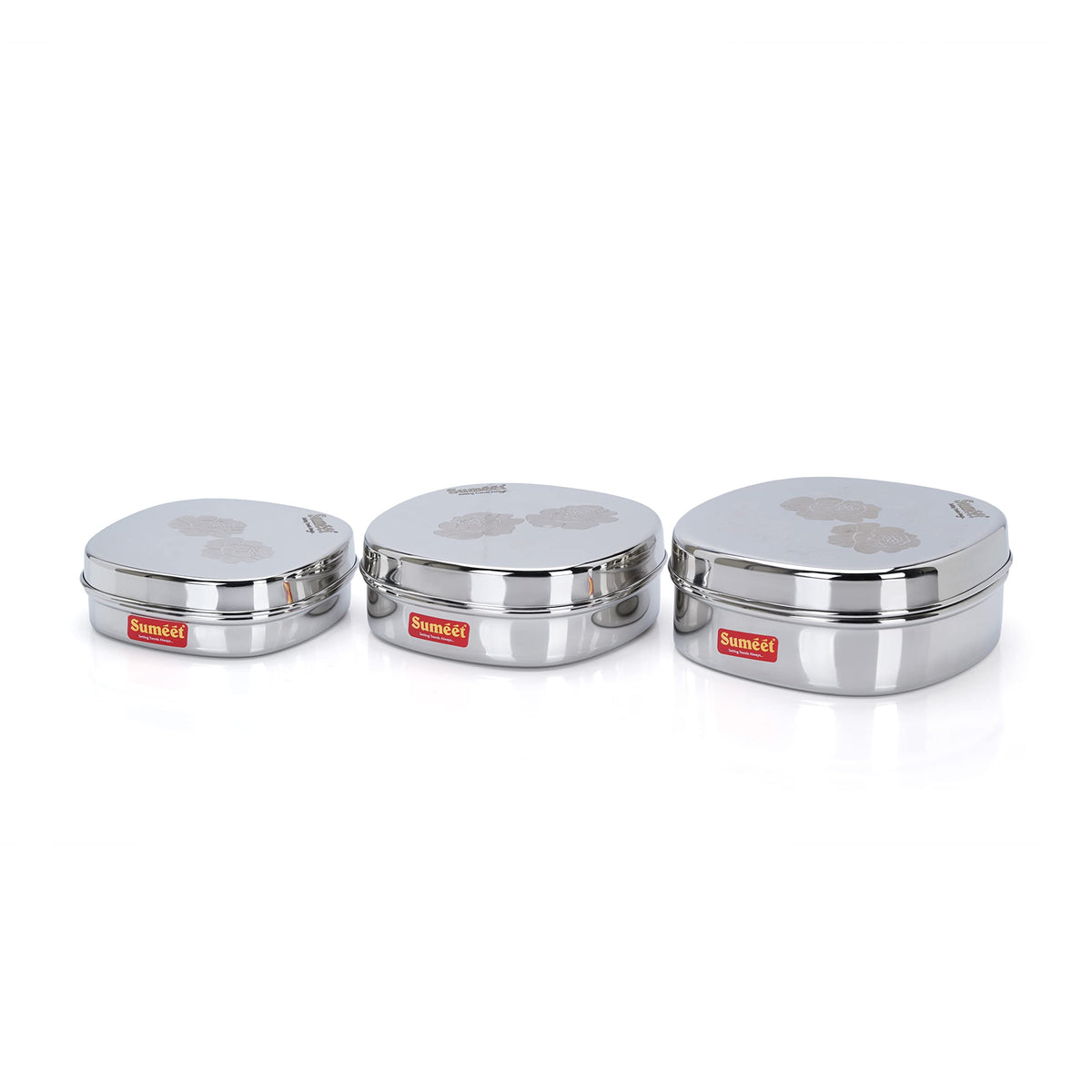Sumeet Stainless Steel Designer Square Storage Containers, Kitchen Box, Set of 3 Pieces, 350 ml, 600 ml and 950 ml, 12 cm and 13.5 cm Diameter