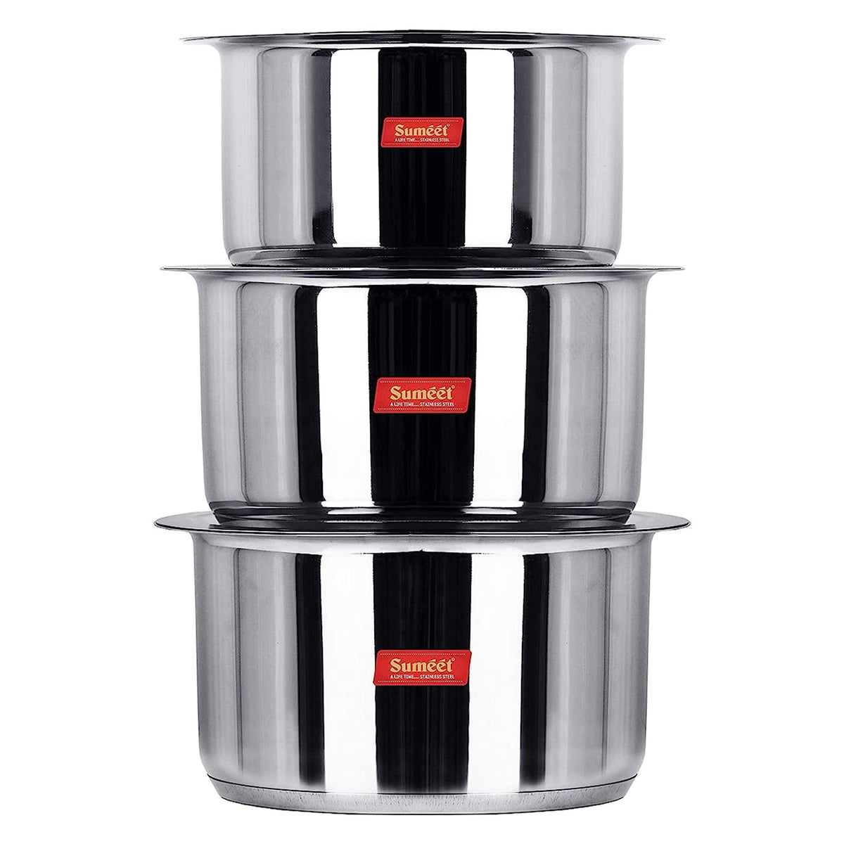 Sumeet Stainless Steel Big and Large Size Mirror Finish Induction Bottom Container/Tope/Cookware with Lid, Set of 3 Pieces, Size No. 16, 4 L, 5 L, and 6 L