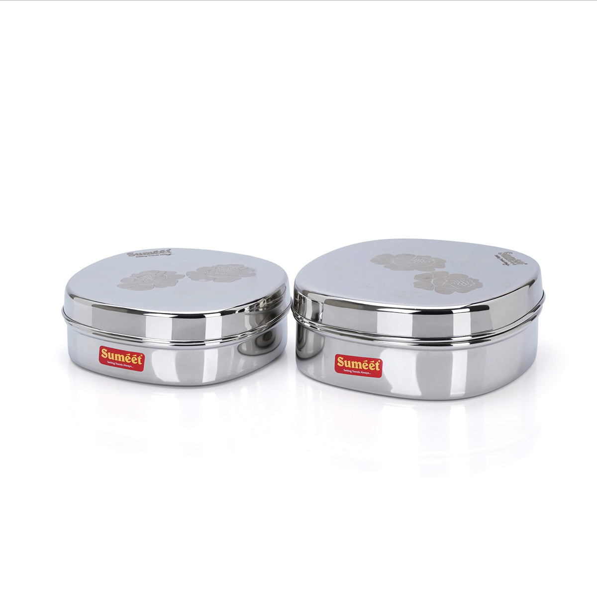 Sumeet Stainless Steel Designer Square Storage Containers, Kitchen Box, Set of 2 Pieces, 600 ml and 950 ml, 13.5 cm and 15 cm Diameter