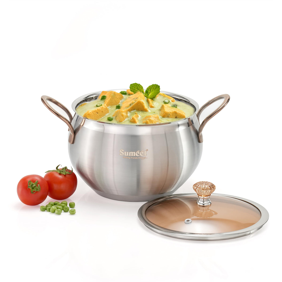 Sumeet ISI Certified Stainless Steel Cook & Serve Biryani Pot/Handi/Sauce Pot with Glass Lid, Induction and Gas Compatible