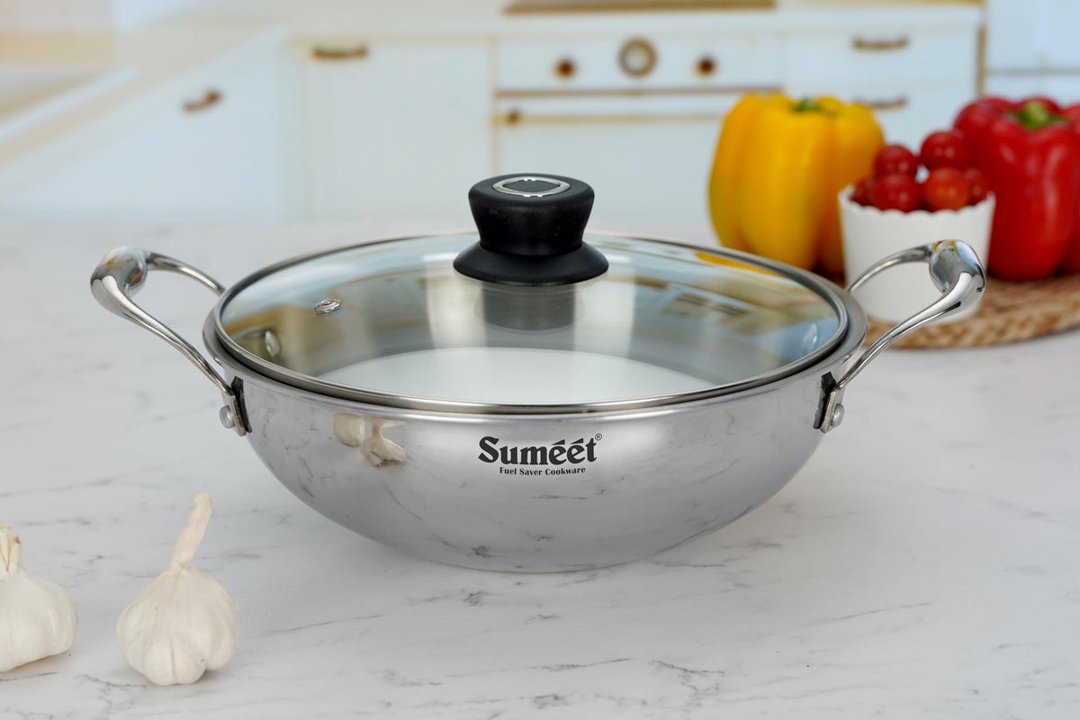Sumeet Cook Smart TriPly Stainless Steel Induction Base Deep Kadai with Glass Lid, 3.5 L, 26 cm, Pack of 1, Silver
