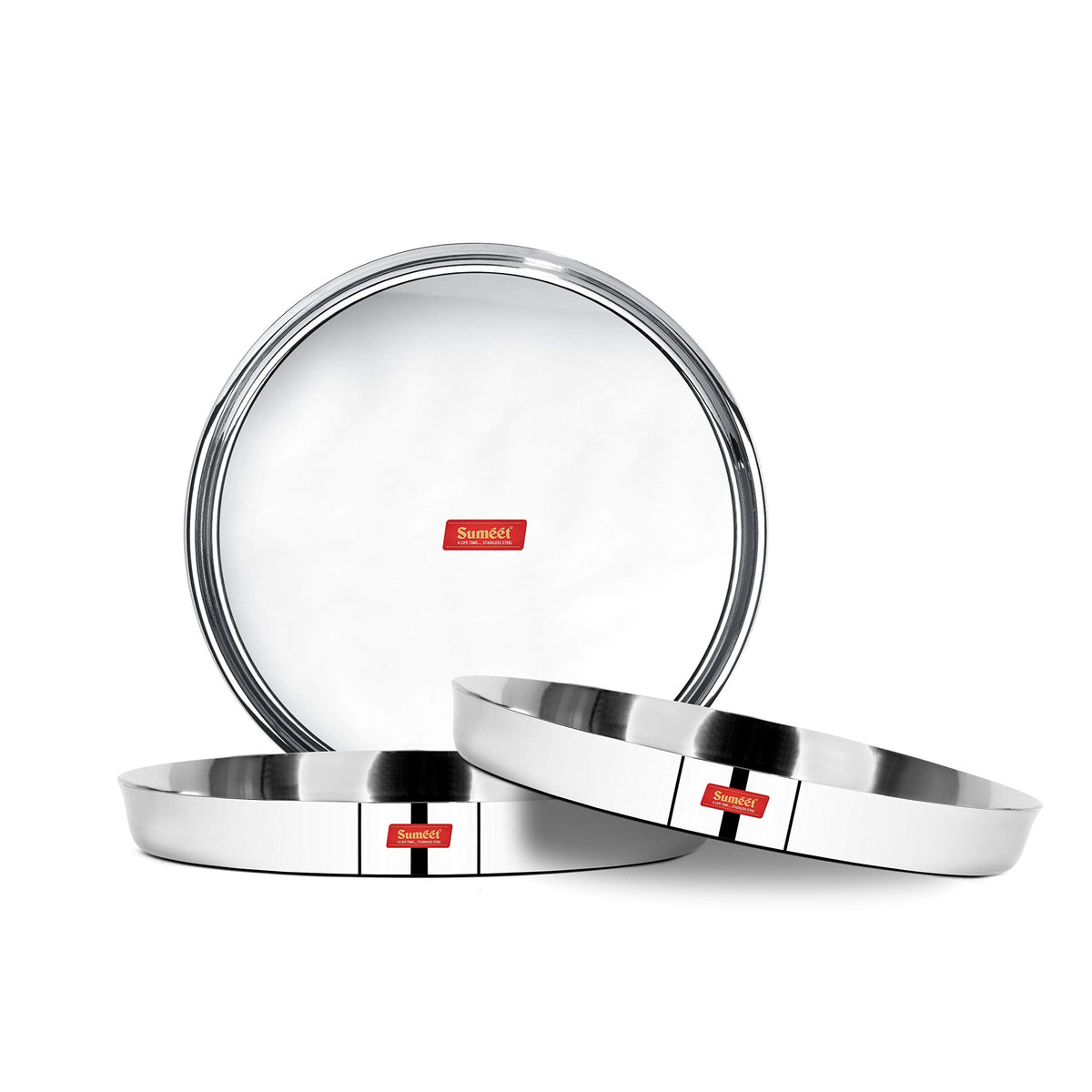 Sumeet 22 Gauge Stainless Steel Traditional Dinner Plate/Thali, 30.7 cm (2.5 L), Set of 3 Pc