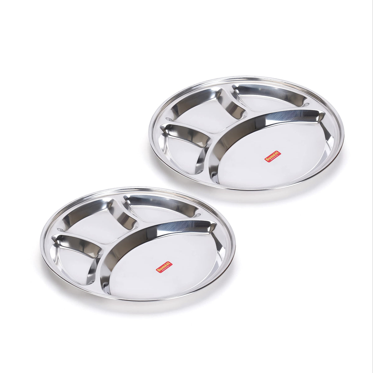 Sumeet Stainless Steel Round 4-in-1 Compartment Lunch/Dinner Plate, Set of 2, 30.3 cm Dia, Silver