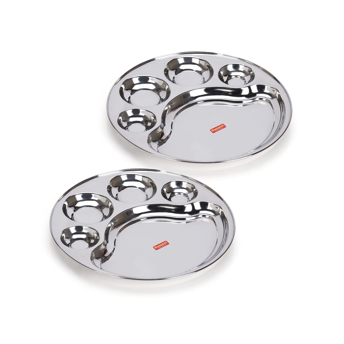 Sumeet Stainless Steel Round 5-in-1 Compartment Lunch and Dinner Plates, Set of 2, 34 cm Diameter, Silver
