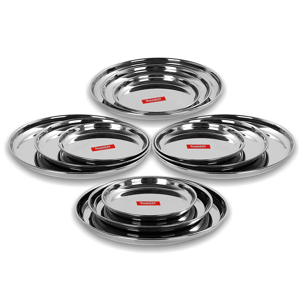 Sumeet Stainless Steel Heavy-Gauge Multi-Purpose Plates with Mirror Finish, Set of 12 Pc, 17 cm, 22 cm & 27.5 cm Dia