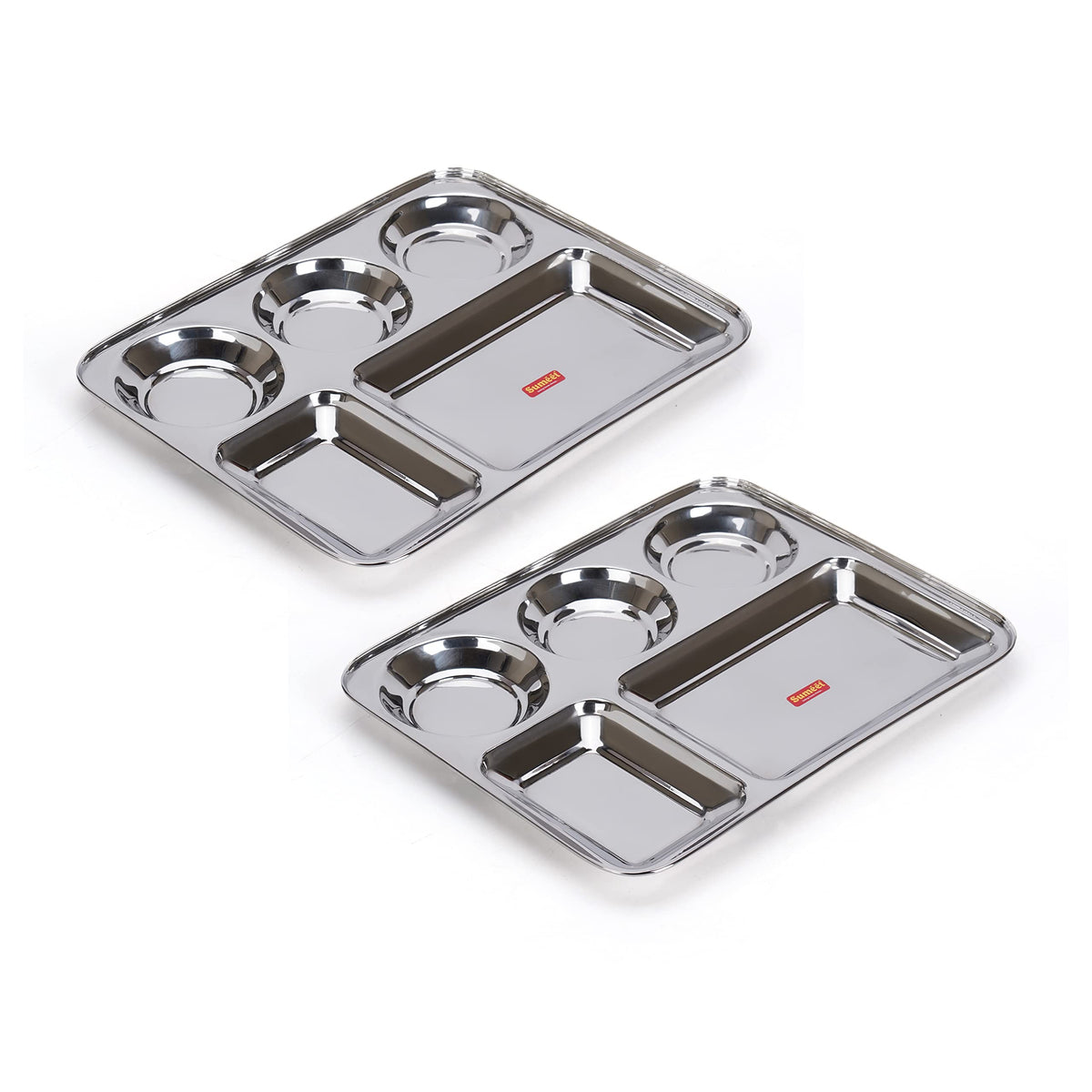 Sumeet Stainless Steel Rectangular 5-in-1 Compartment Lunch/Dinner Plate, Set of 2, 37.4 cm Dia, Silver