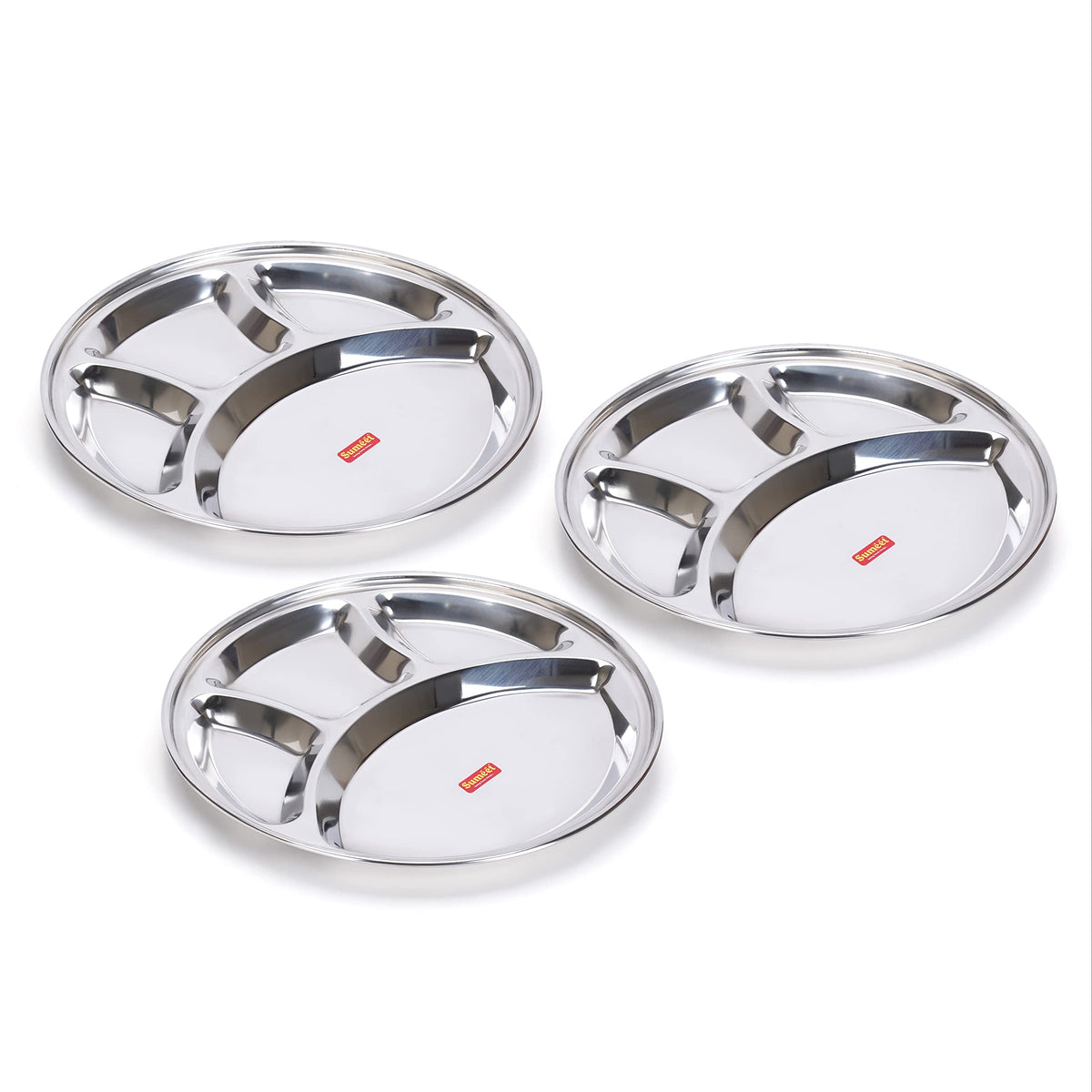 Sumeet Stainless Steel Round 4-in-1 Compartment Lunch/Dinner Plate, Set of 3, 30.3 cm Dia, Silver