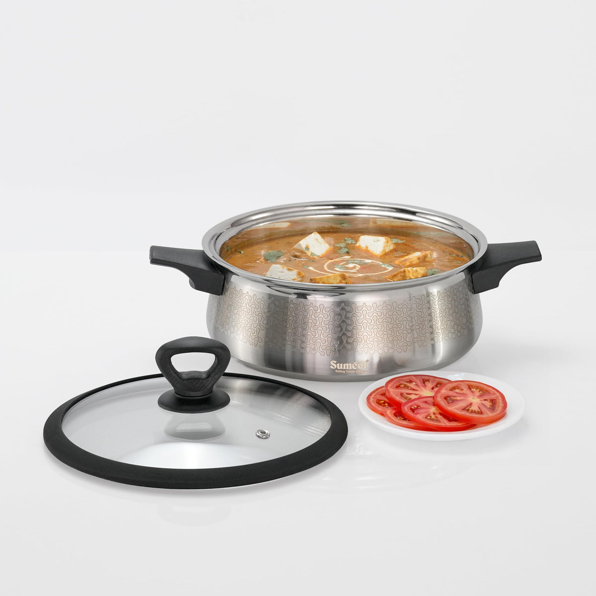 Sumeet ISI Certified Stainless Steel Cook & Serve Designer Shallow Biryani Pot/Casserole with Glass Lid | Induction and Gas Compatible
