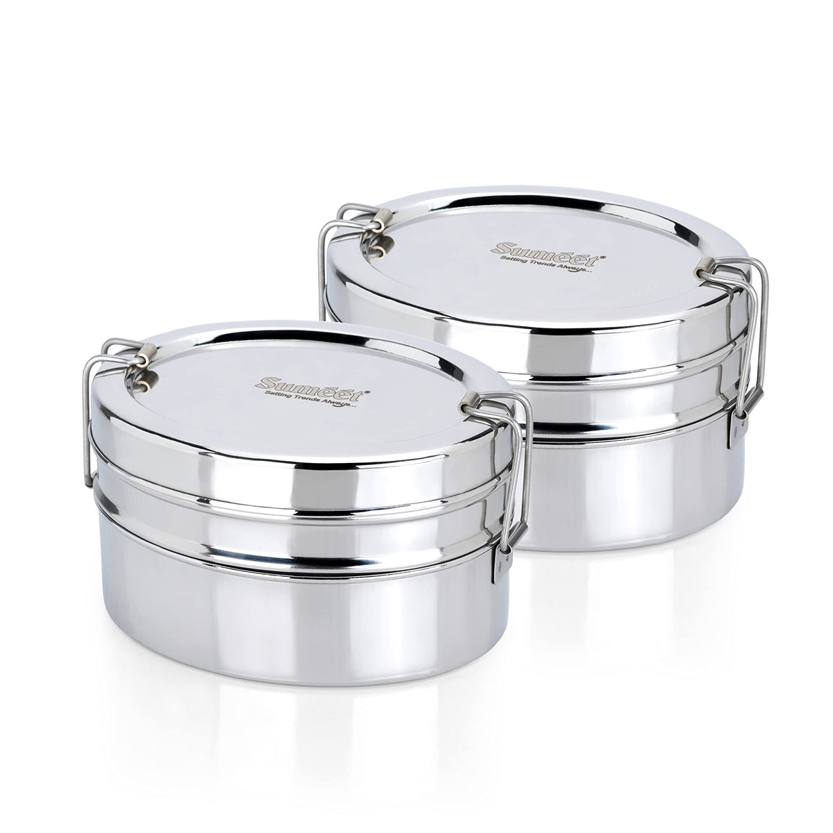 Sumeet Stainless Steel Oval Lunch Box/Tiffin with 2 Compartments and Locking Clip, Set of 2, 800 ml Each, Ideal for 2 People