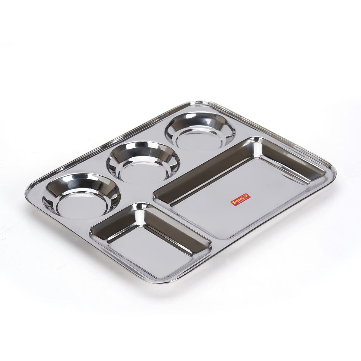 Sumeet Stainless Steel Rectangular 5-in-1 Compartment Lunch/Dinner Plate, 1 Pc, 37.4 cm Dia, Silver
