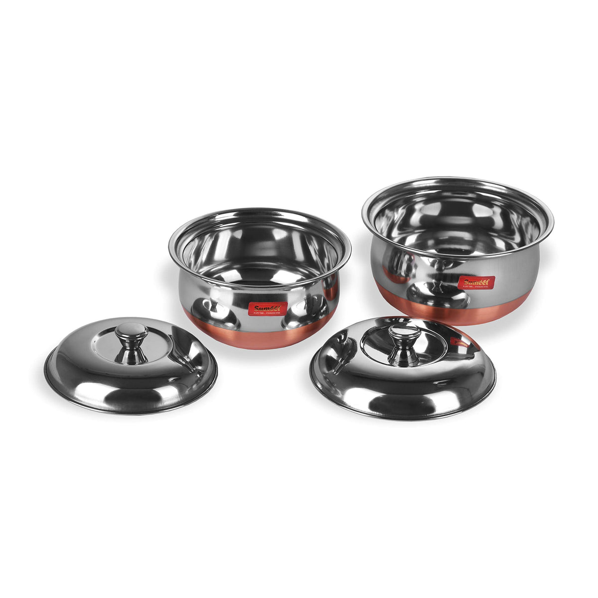 Sumeet Stainless Steel Copper Bottom 8-Piece Handi Cookware and Serveware Pot Set with Lids, 360 ml, 500 ml, 800 ml, 1 L, 1.250 L and 1.650 L