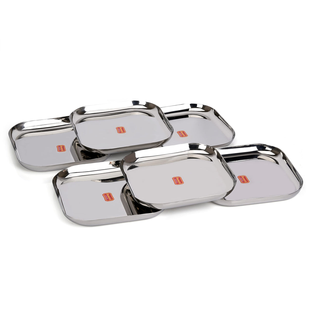 Sumeet Stainless Steel Big Square Shape Plate/Dinner Plate/Lunch Meal Plate, Set of 6 pcs, 28 cm Dia, Silver