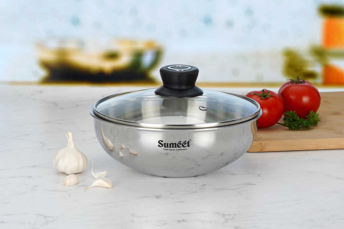 Sumeet Cook Smart Tri-Ply Stainless Steel Induction Base Deep Tasra with Glass Lid, 5.550 LTR, 30 cm, Pack of 1, Silver