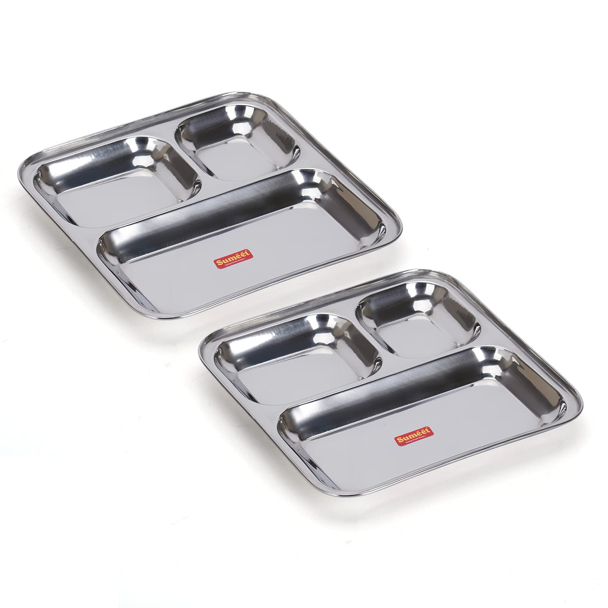 Sumeet Stainless Steel 3-in-1 Idli Wada Compartment Plate/Snack Plate/Breakfast Plate, Set of 2 Pcs, 24.5 cm Dia, Silver
