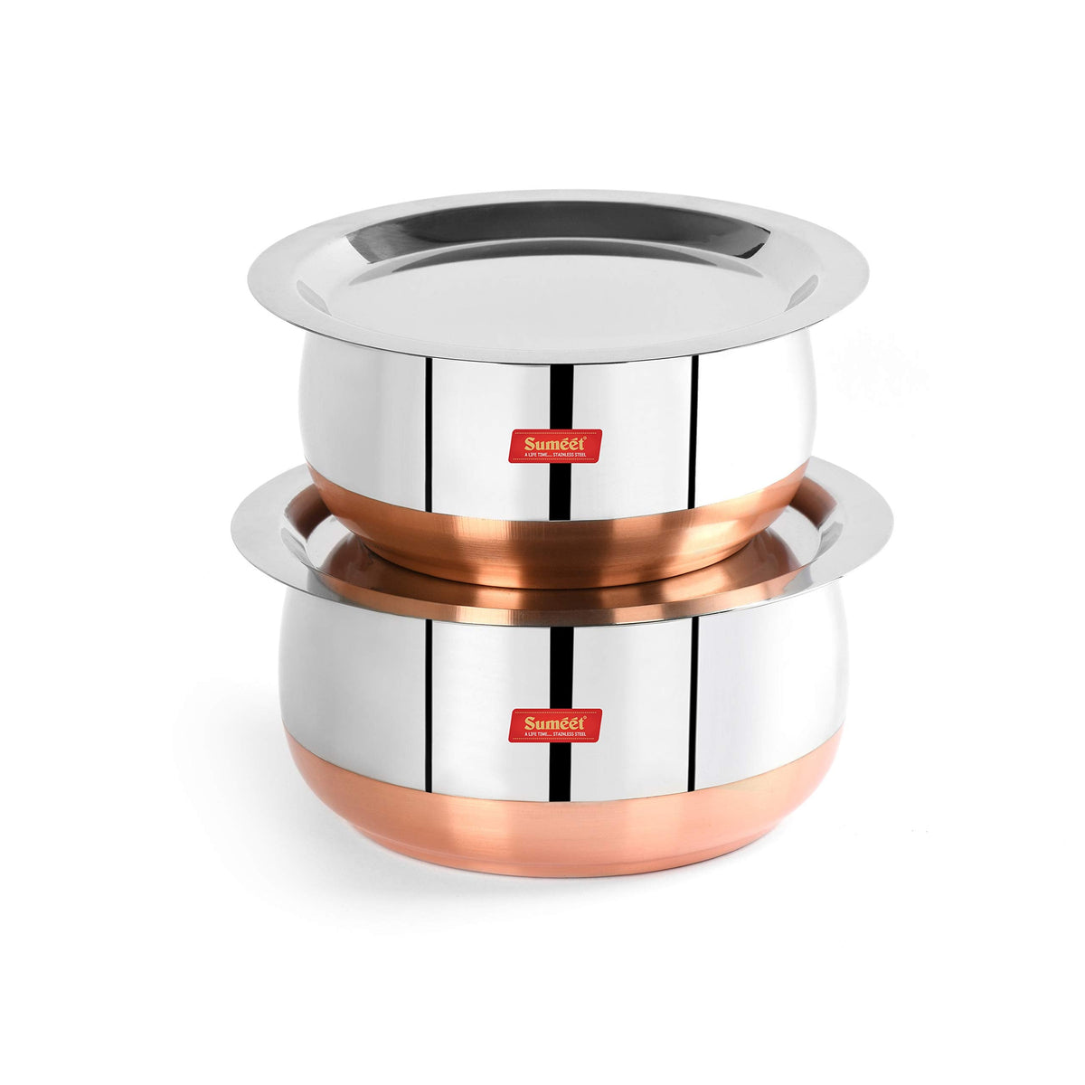 Sumeet Stainless Steel Copper-Bottom Belly-Shape 2-Piece Tope/Cookware/Pot Set with Lids, 1.4 L and 1.75 L, Silver