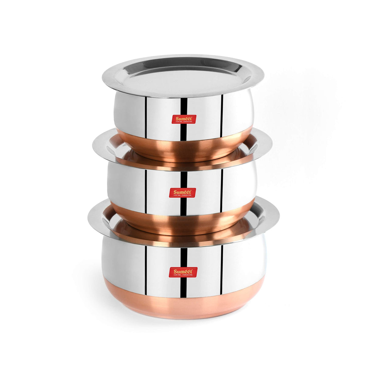 Sumeet Stainless Steel Copper-Bottom Belly-Shape 3-Piece Tope/Cookware/Pot Set with Lids, 1.75 L, 2.4 L, and 3 L (Silver), 500 ml