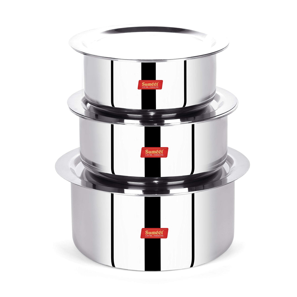 Sumeet Cook Smart Triply Steel-Aluminium-Steel 3-Layer Polished Tope Set of 3 with Lid, No. 16 (1.6 L, 16 cm) and No. 18