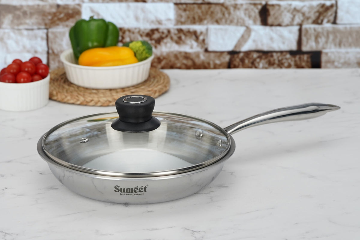 Sumeet Cook Smart TriPly Stainless Steel Induction Base Frypan with Glass Lid, 1.9 L, 24 cm, Pack of 1, Silver
