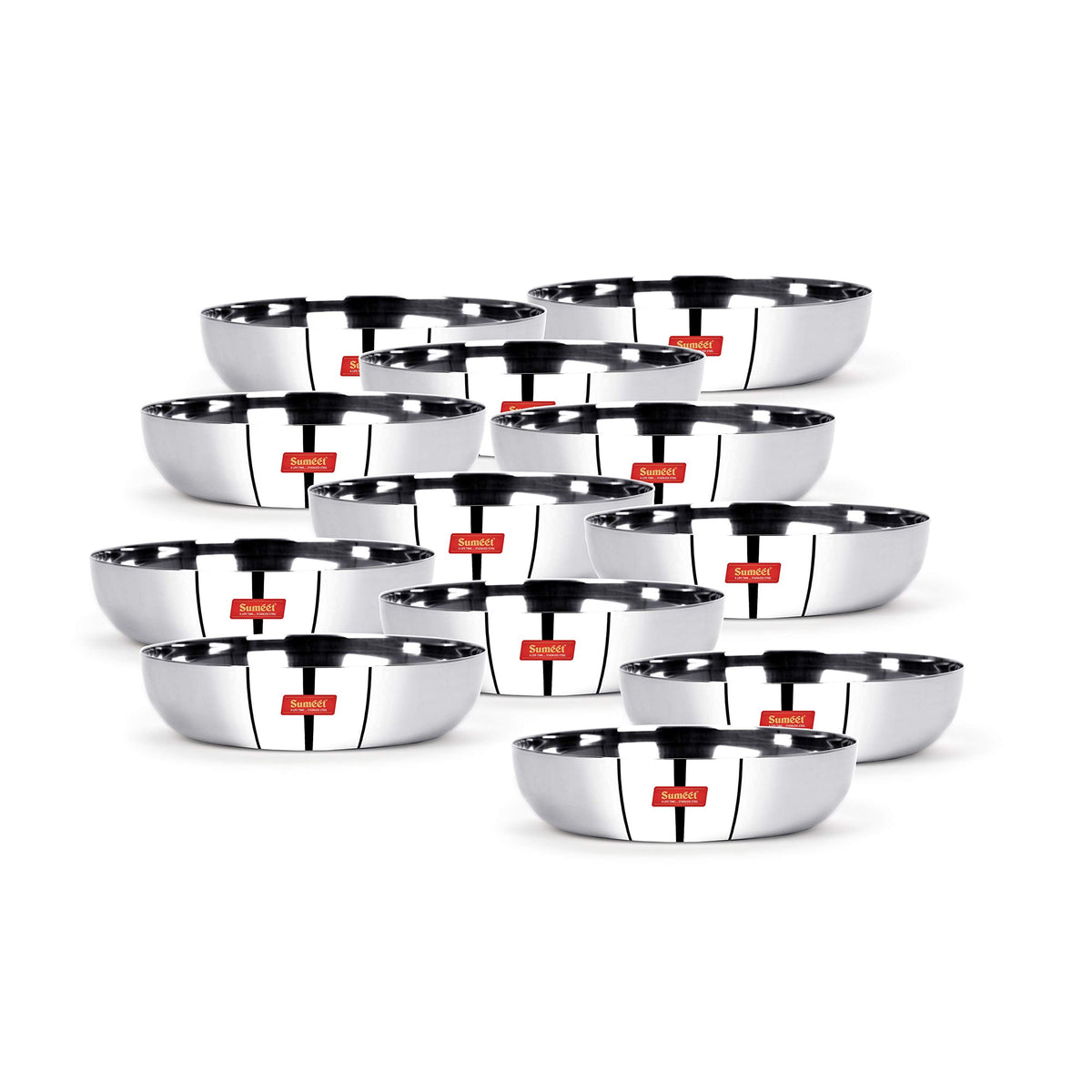 Sumeet Stainless Steel Apple-Shape Heavy-Gauge Small Dessert Plates with Mirror Finish, 12.8 cm Diameter, 350 ml, Set of 12, Silver