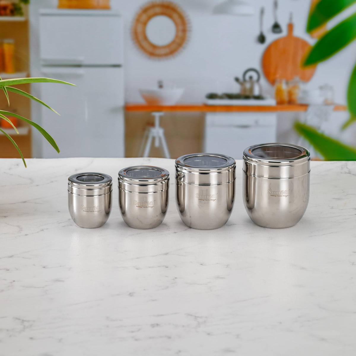 Sumeet Stainless Steel Conical Shape Canisters / Dabba / Storage Containers for Kitchen with See-Through Lid, Set of 4 Pcs