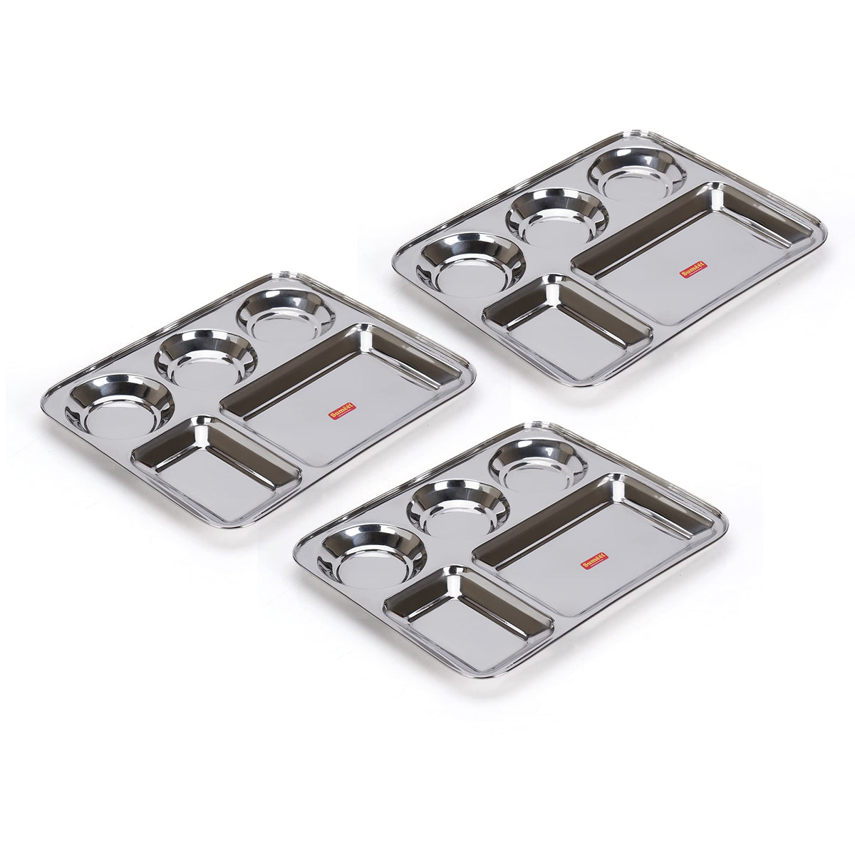Sumeet Stainless Steel Rectangular 5-in-1 Compartment Lunch/Dinner Plate, Set of 3, 37.4 cm Dia, Silver