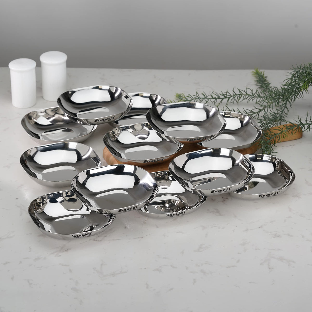 Sumeet Stainless Steel Small Apple Square Plate/Dessert Plate/Halwa Plate, Set of 12, 10.5 cm Diameter, 170 ml Each, Silver