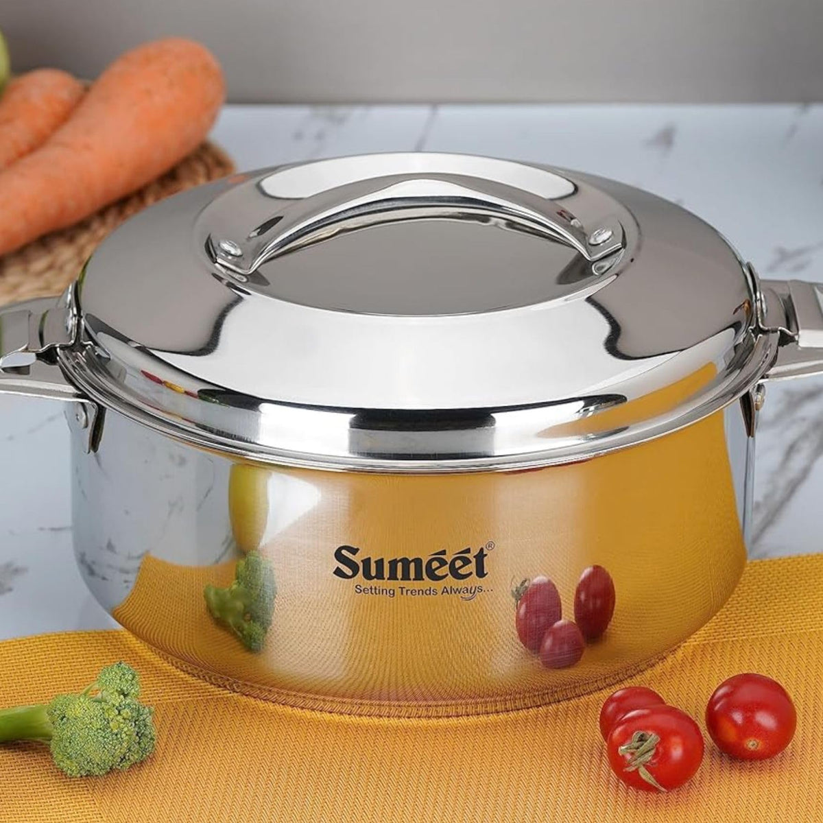 Sumeet Stainless Steel Casserole with Steel Lid, 2.5 L, Silver, Dishwasher Safe for Rotis, Chapati and Sabzi