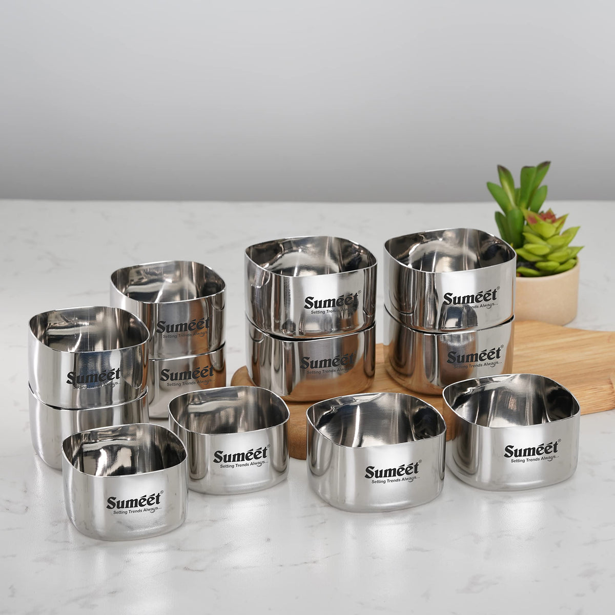 Sumeet Heavy Gauge Stainless Steel Square Bowl/Wati/Katori with Mirror Finish, 7 cm & 8 cm Dia, Set of 12 pcs, 200 ml & 250 ml Each