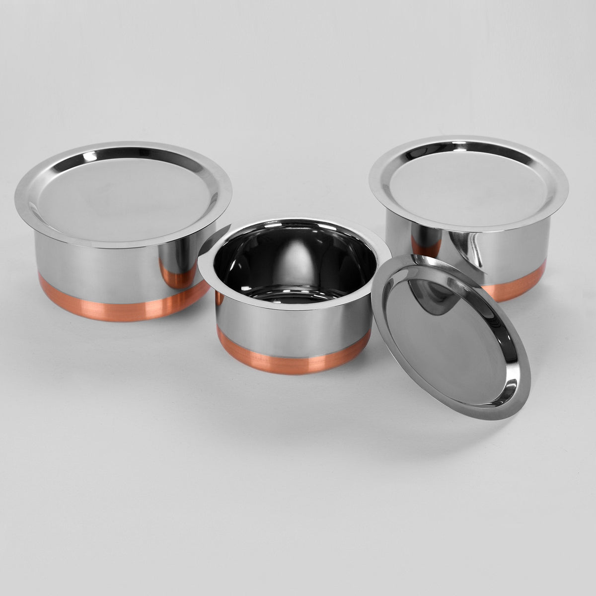 Sumeet Stainless Steel Copper-Bottom Cookware/Container/Tope Set of 3 Pcs with Lids, 1.9 L, 2.3 L, and 3 L