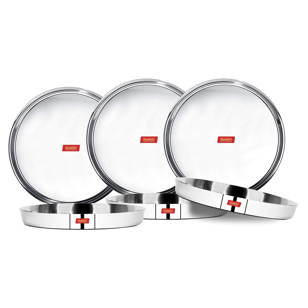 Sumeet 22 Gauge Stainless Steel Traditional Dinner Plate/Thali, 28.5 cm (2 L), Set of 6 Pc
