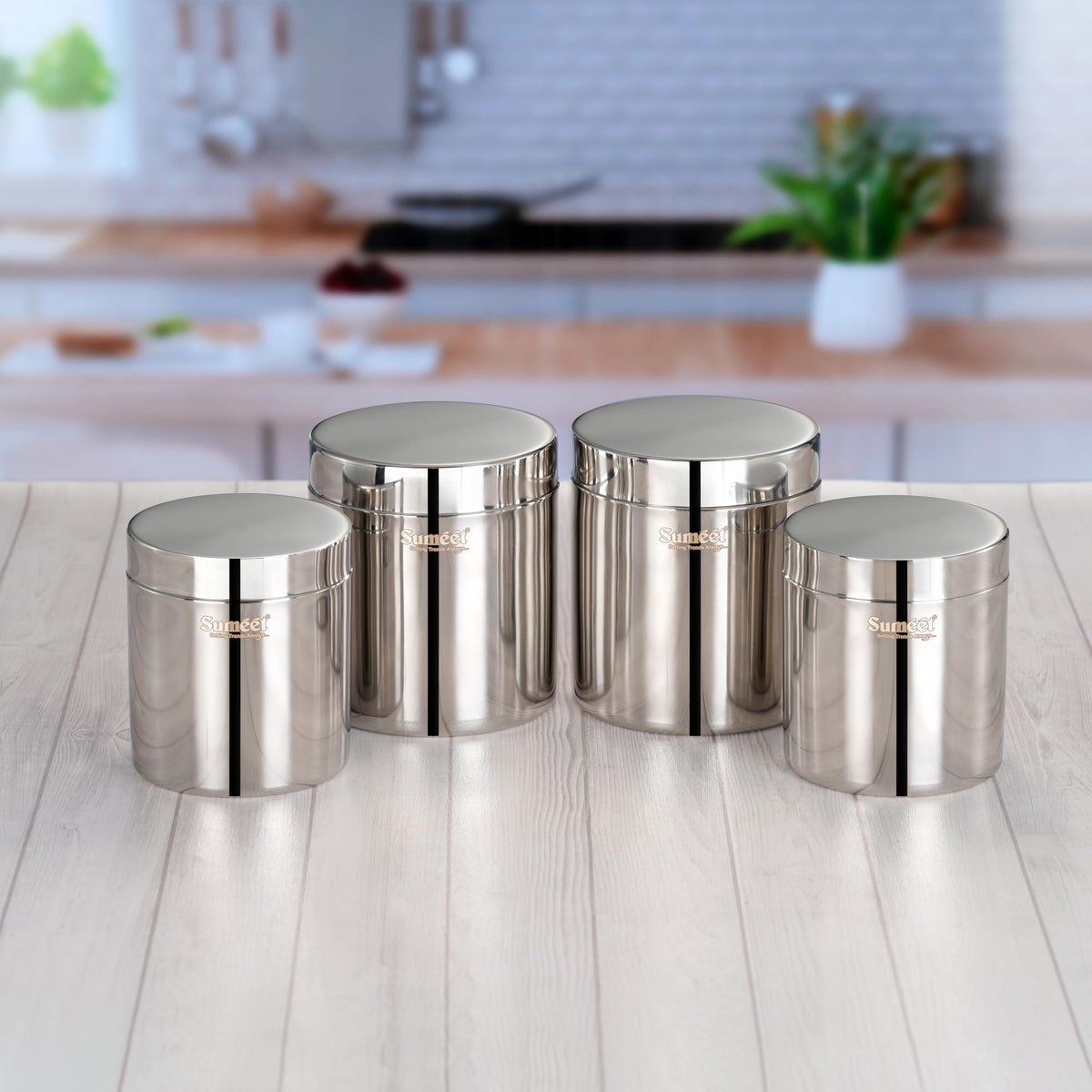 Sumeet Stainless Steel Containers/Jars/Dabba for Kitchen Storage with Lids, Set of 4 Pieces, 1250 ml + 1800 ml Capacity, 11.5 cm & 13., Silver