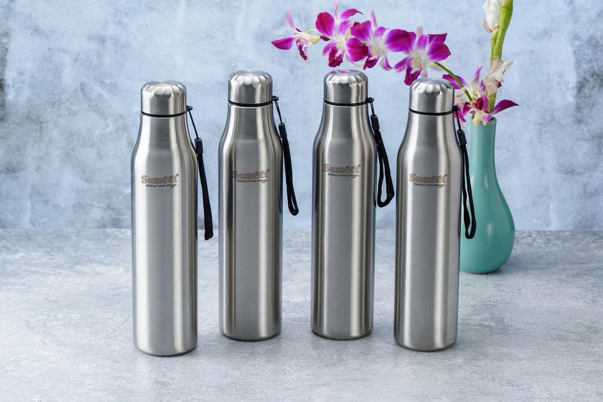 Sumeet AlphaAqua Stainless Steel Leak-Proof Water Bottle with Strap for Office, School, College, Gym, Picnic, Home, and Fridge, 1 Litre, Pack of 4