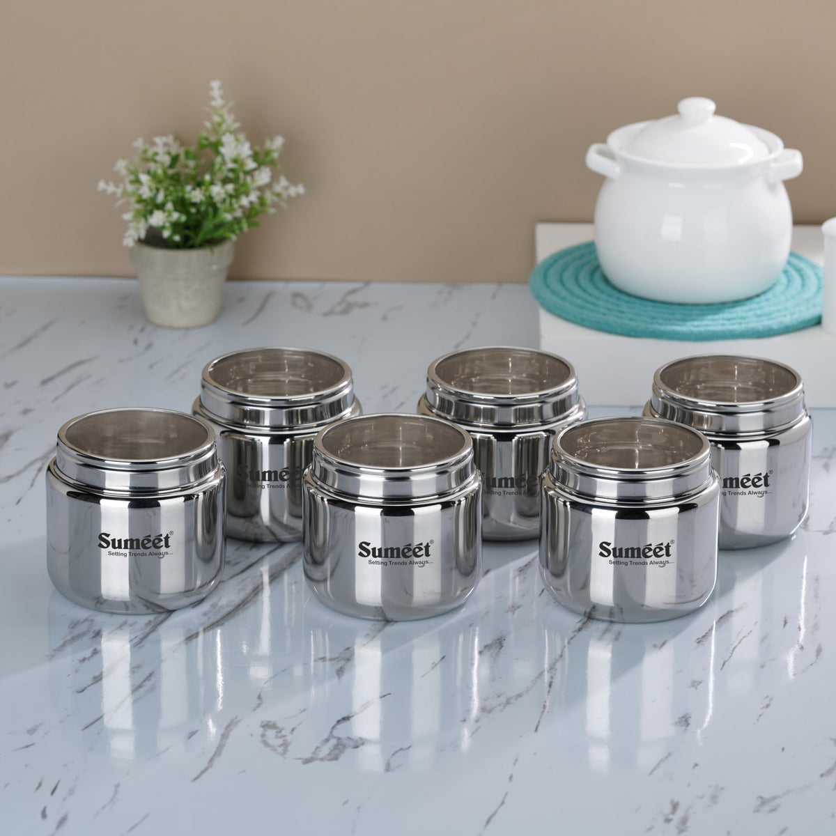 Sumeet Stainless Steel Kitchen Canisters, Dabbas and Storage Containers with See-Through Lids, Set of 6, 800 ml Each, 11 cm Diameter