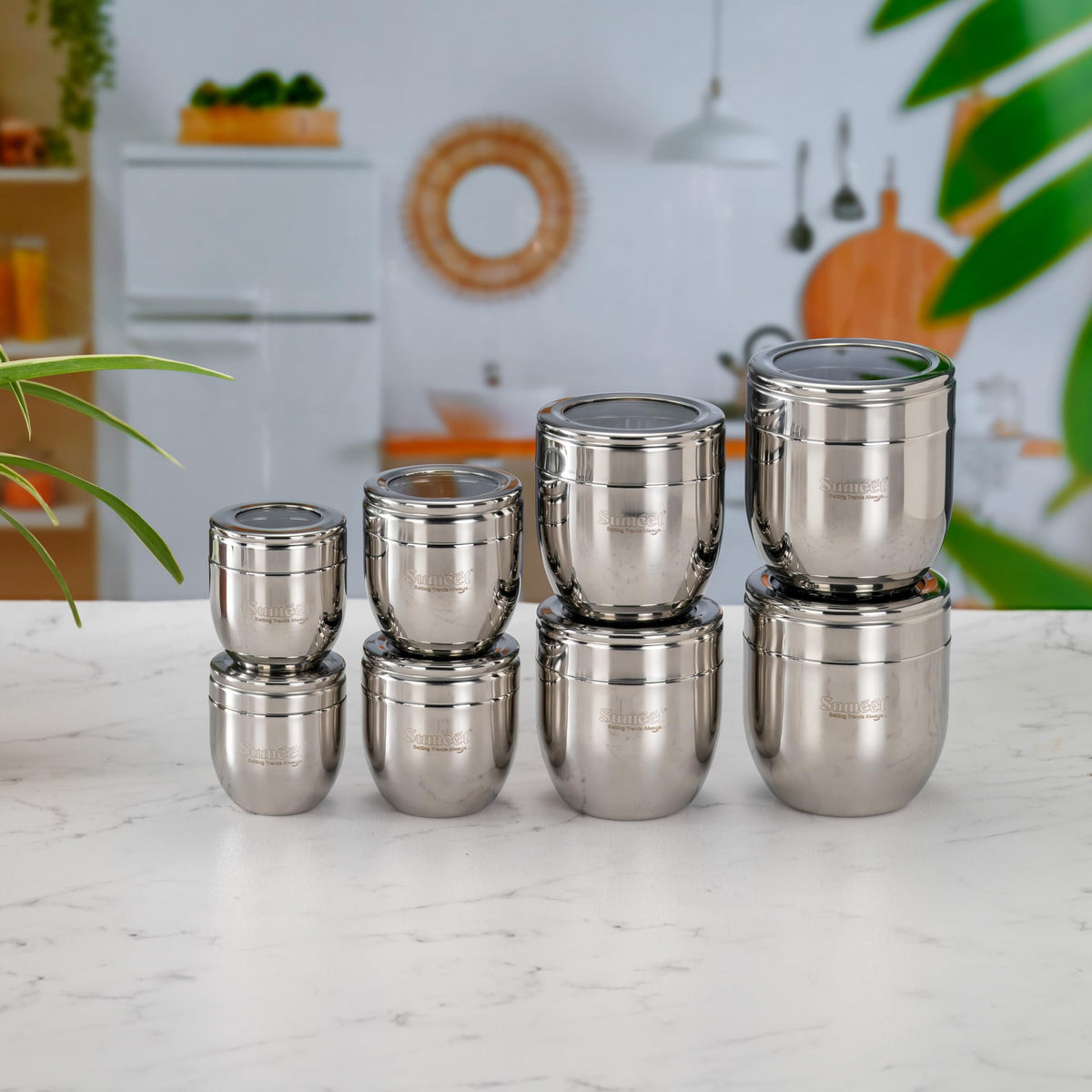 Sumeet Stainless Steel Conical Shape Canisters / Dabba / Storage Containers for Kitchen with See-Through Lid, Set of 8 Pcs (150 ml, 250 ml, 400 ml, 500 ml)