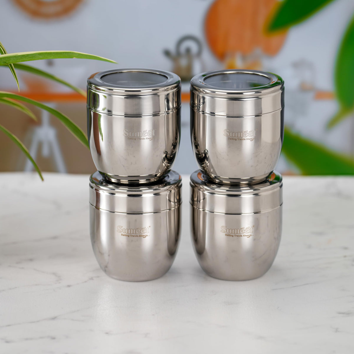 Sumeet Stainless Steel Conical Canisters/Storage Containers for Kitchen with See-Through Lid, Set of 4 Pcs, 400 ml Each