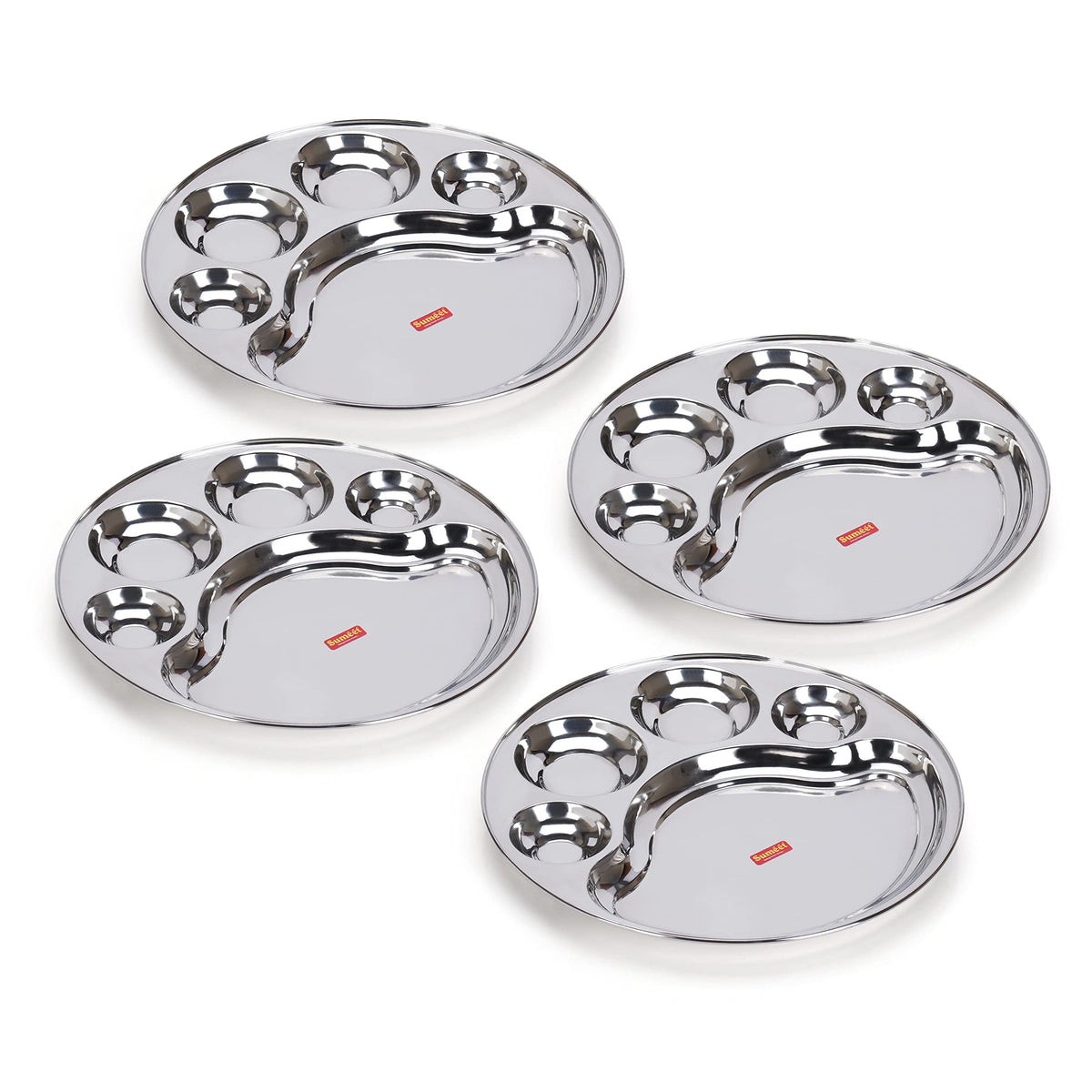 Sumeet Stainless Steel Round 5-in-1 Compartment Lunch/Dinner Plate, Set of 4 Pieces, 34 cm Diameter, Silver