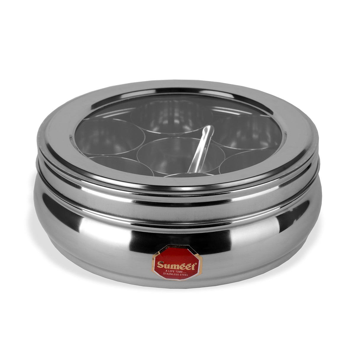 Sumeet Stainless Steel Belly-Shape Masala (Spice) Box/Dabba/Organizer with See-Through Lid, 7 Containers and Small Spoon