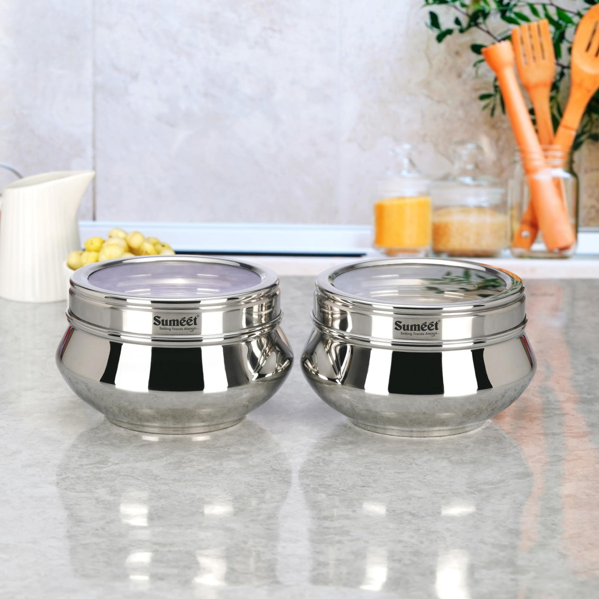 Sumeet Stainless Steel Handi-Shape Large Canisters/Dabba/Storage Containers with Transparent See-Through Lid, Set of 2