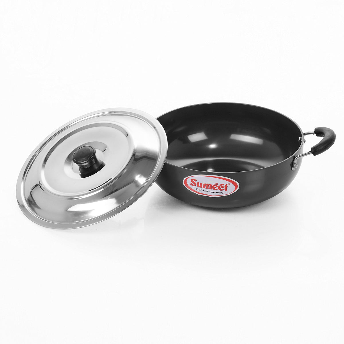Sumeet 3 mm Hard Anodized Deep Kadhai with Stainless Steel Lid, No. 11, 20.5 cm Diameter, 1.5 L Capacity, Black