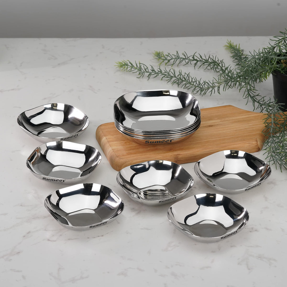 Sumeet Stainless Steel Small Apple Square Plate/Dessert Plate/Halwa Plate Combo Set of 12, 8 cm & 9 cm Diameter, 90 ml & 120 ml