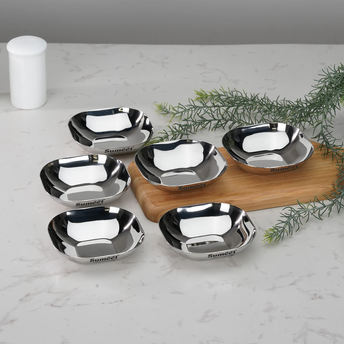 Sumeet Stainless Steel Small Apple Square Plate/Dessert Plate/Halwa Plate, Set of 6, 8 cm Diameter, 90 ml Each, Silver