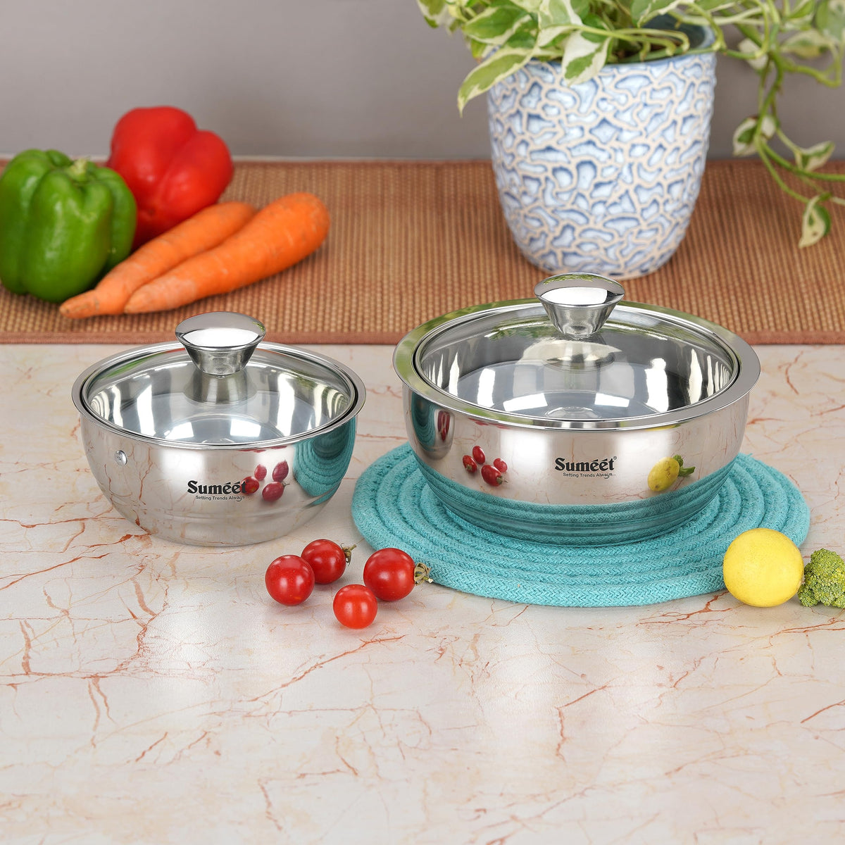 Sumeet Stainless Steel Casserole with Glass Lid, 2 Pieces, 550 ml & 1000 ml, Includes Roti & Gravy Pots, Keeps Food Warm & Fresh